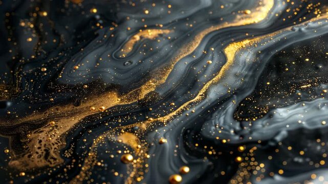 4K Abstract dark grey and black marble texture with flowing gold veins and sparkling glitter particles, luxurious fluid art background video