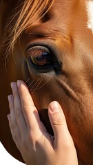 Brown Horse Eye Close-up with Human Hand, Isolated on White Background