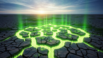 Cracked earth surface healing with green light emerging, environmental recovery theme.