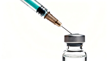 Syringe injecting into a small vial, frozen in action, isolated on a white background