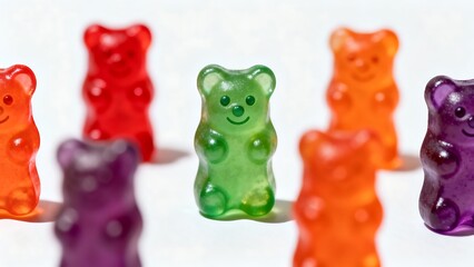 A set of edible cannabis candies, shaped like gummy bears, are placed separately on a white background.