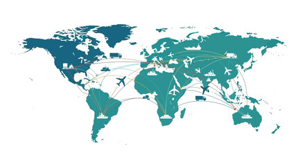 Global network of transportation routes depicted on a world map illustration © Hridoy