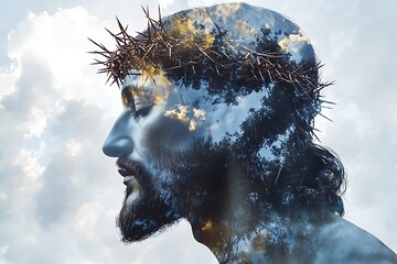 A double exposure art piece features Jesus Christ wearing a crown of thorns, symbolizing Passion, Resurrection, and contemplative spiritual themes.