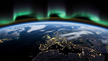 Earth seen from space with gentle aurora glow, harmony with planet.