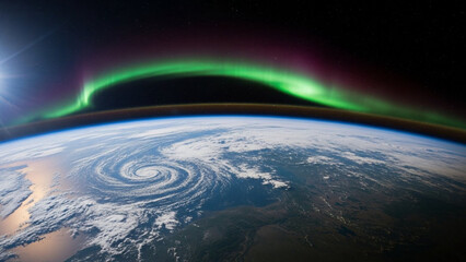 Earth seen from space with gentle aurora glow, harmony with planet.