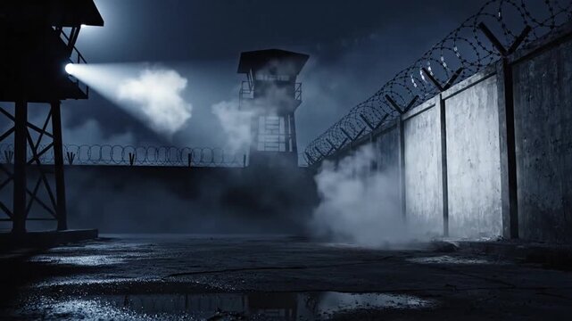 Dark night prison courtyard with searchlight, barbed wire fence, and heavy fog