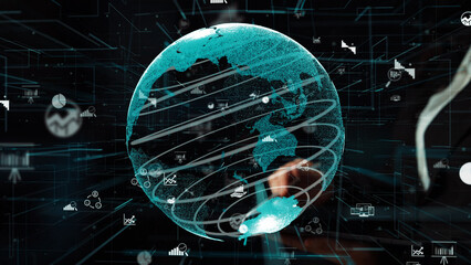 This image highlights a digital globe surrounded by graphs and data visuals, illustrating the interplay between technology, analytics, and global connectivity. Xenic