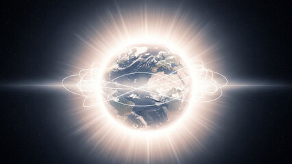 Soft white light radiating outward from Earth, global unity for peace.