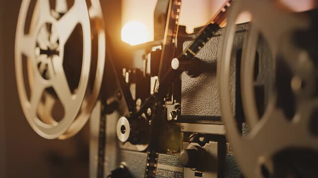 A vintage film projector sits ready, with reels and film illuminated by warm sunlight. This projector and film evoke a nostalgic scene highlighting the art of cinema.