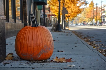 A fall pumpkin meets an untimely demise on the sidewalk, autumn trees transforming the setting into a seasonal canvas of contrast.