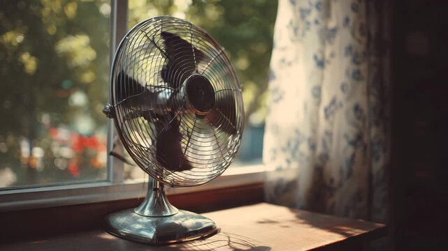 4K Vintage metal desk fan sitting on a wooden windowsill next to a patterned curtain with bright outdoor light and bokeh background video