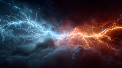 Dynamic electric blue and red lightning bolts clash against a dark background, creating a dramatic and vibrant visual effect.