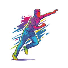 Obraz premium Vector illustration of a cricket fielder throwing the ball in a dynamic action pose. Colorful modern style conveying speed and athletic energy.