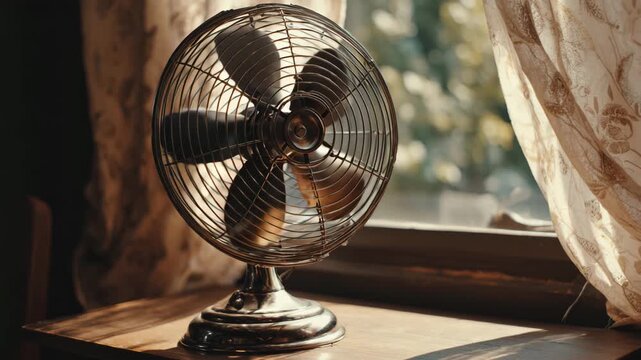 4K Vintage metal desk fan on a wooden surface near a sunlit window with flowing curtains, nostalgic summer atmosphere video