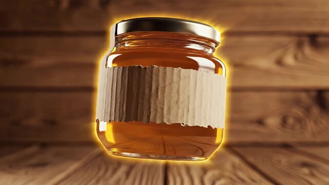 A golden jar of honey with a blank label sits on a rustic wooden surface, backlit by a warm glow