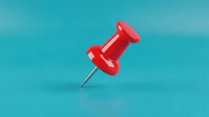 Single red push pin on light blue surface for office organization