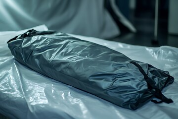 A forensic body bag, detailed and realistic, adds a touch of mystery, suitable for crime and detective visual themes.
