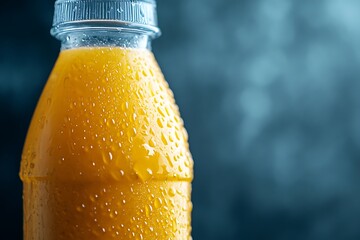A freshness-focused image portrays an orange juice plastic bottle, glistening with condensation, inviting taste and refreshment.