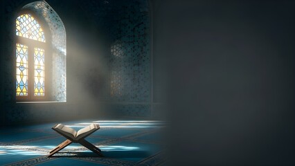 Ramadan Quran in Mosque with Sunlight Through Window, Peaceful Islamic Worship Background