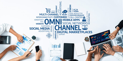 Explore the dynamics of omni-channel marketing as hands engage in collaborative strategy discussions, highlighting various digital and traditional platforms for customer engagement. Amity