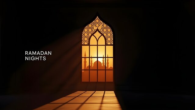 Ramadan Nights Islamic Mosque Window with Sunset Light, Spiritual Ramadan Background