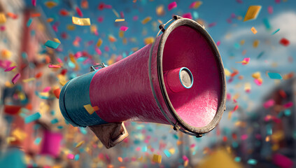 Megaphone announces a burst of confetti colorful celebration a vibrant explosion of joy and news colorful fragments float in mid air event promotion