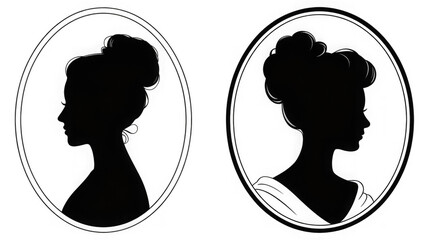 Vintage Woman Silhouette Portraits in Oval Frames Vector Art 
