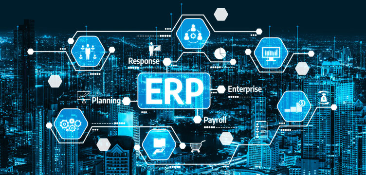 A vibrant night cityscape illuminated by technology symbols representing ERP systems, highlighting data flow, business processes, and modern enterprise solutions. Tessel - Powered by Adobe