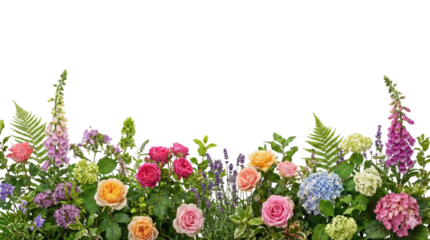 Colorful bouquet of roses hydrangeas and other flowers isolated on transparent background