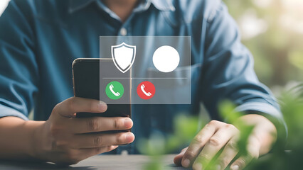 Man receiving a phone call on his cell phone with a security shield icon overlay