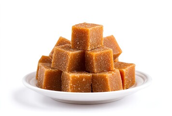 Pile of brown sugar cubes on a white plate natural sweetener for baking and cooking isolated on whit