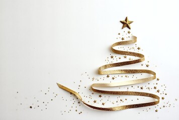 Golden ribbon Christmas tree with star and glitter minimalist holiday decoration festive background 