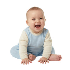 Happy baby sitting on floor wearing blue and white knit outfit isolated on transparent background