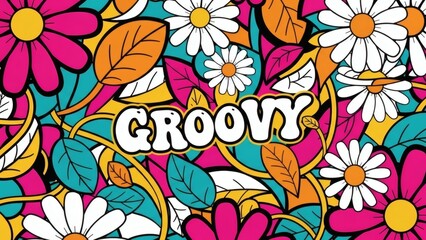 Retro Pop Art Botanical Pattern Vector. Y2K Aesthetic Daisy and Leaf Illustration. Vibrant Groovy Floral Design for Fashion and Stationery.