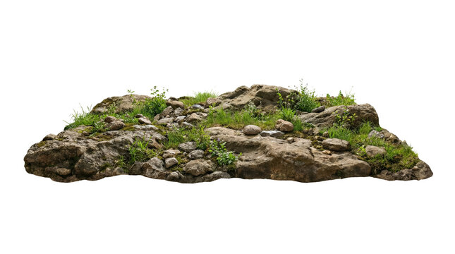 A large brown rock with green grass and moss on it isolated on transparent background