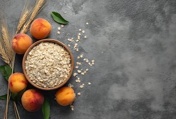 Oatmeal and fresh peaches healthy breakfast ingredients rustic overhead shot on textured background