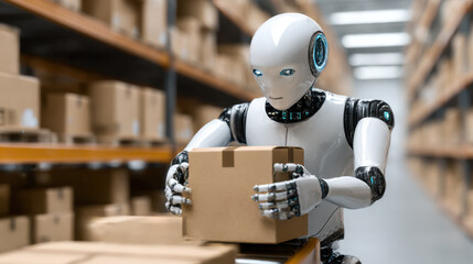 White robot holding a cardboard box in a warehouse. Futuristic automation and artificial intelligence concept for logistics.