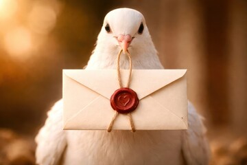 A white bird holding a letter with a red wax seal