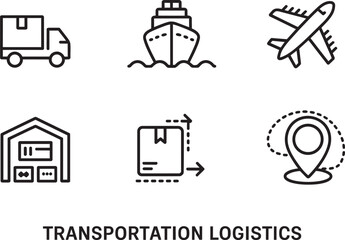 Logistics and transportation icons showing cargo truck vessel aircraft detailed storage box delivery movement pin map