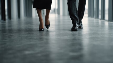 Business woman and businessman walking in an office hallway. Professional partners collaborating in a modern workplace environment. Low angle view. Businesspeople legs walk.