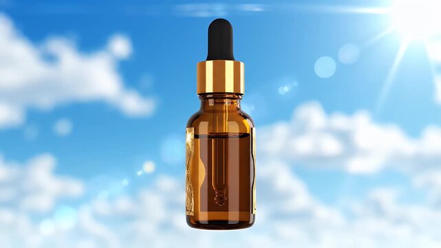 Brown glass dropper bottle with golden accents filled with amber liquid, against a bright blue sky with sunrays and soft clouds