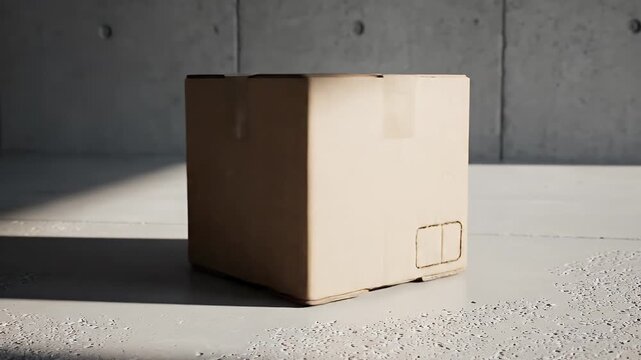 A simple cardboard box sits on a concrete floor, casting a shadow, in a well-lit, minimalist setting