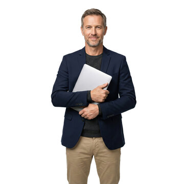 Smiling middleaged man holding laptop isolated on transparent background