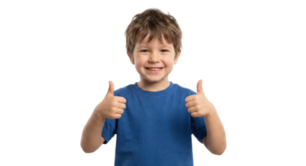 Smiling young boy giving thumbs up isolated on transparent background with blue shirt