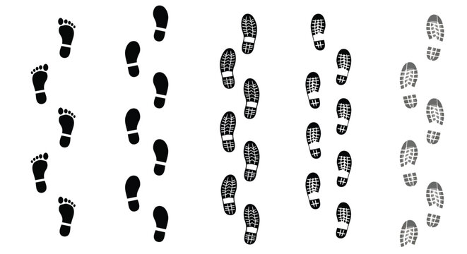 Collection of various footprints isolated on, illustrating human and shoe tracks for design projects related to movement and exploration