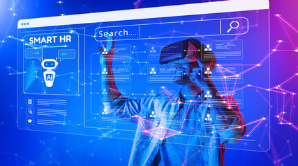 A futuristic depiction of smart HR solutions integrating virtual reality and AI technologies. This image showcases the evolution of human resource management in a digital era. XDMCP