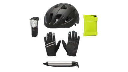 Cycling Safety Gear Set Helmet Bike Light Reflective Armband Gloves Mini Pump Isolated on Transparent Background PNG

