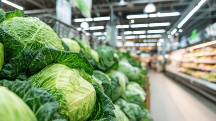Fresh Cabbage Displayed in a Grocery Store Aisle With Clean Lighting and Minimal Clutter Welcoming Shoppers Seeking Healthy Produce