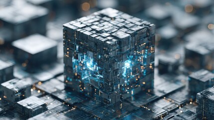 Concept of Ai Regulation With Structured Digital Geometry Showing a Cube in a Network of Smaller Cubes Representing Technology