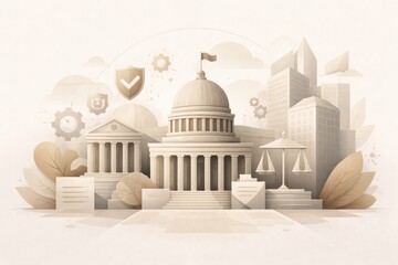 Government Buildings With a Domed Structure, a Courthouse, and City Skyline Surrounded by Gears and Symbols of Law
